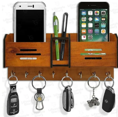 Wooden Wall Keychain and Phone Holder with Charging Station, Rustic Home Organizer